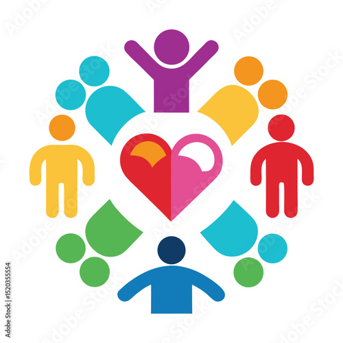 Colorful circle of people sharing love and community with heart symbolism