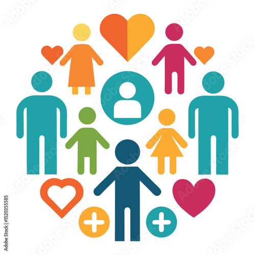 Colorful community graphic depicting people and hearts representing unity and support
