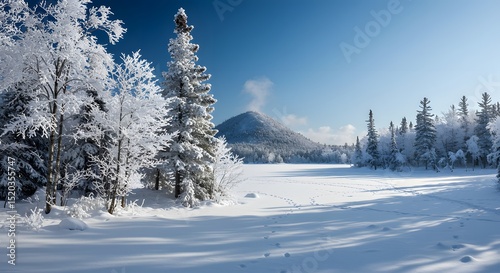 Snow-covered winter forest landscape with frosty trees under a cold blue sky