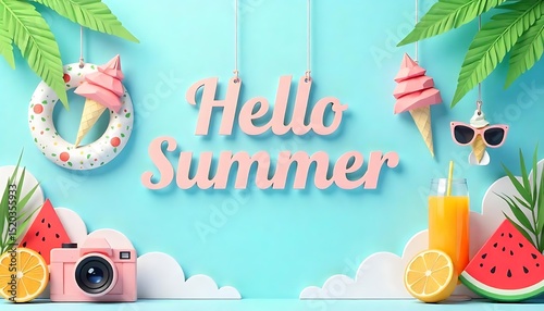Hello summer with decoration origami hanging on blue sky background. Paper art and craft style. Vector illustration, created with generative ai