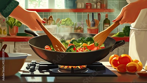 Couple cooking vegetables in a wok