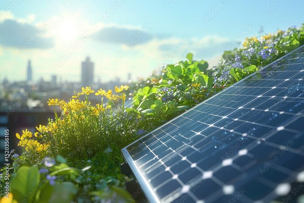 Fototapeta premium Rooftop solar panel with urban garden
