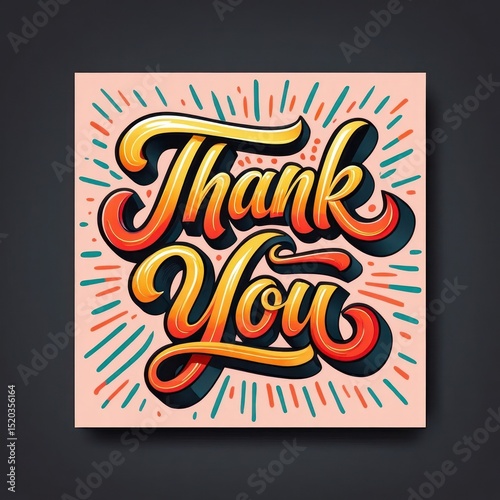 Vibrant hand-lettered thank you message in bold orange and yellow gradient with decorative lines on light pink background