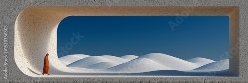 Minimalist monk walking through a curved architectural space overlooking serene snow-covered dunes under a clear blue sky
