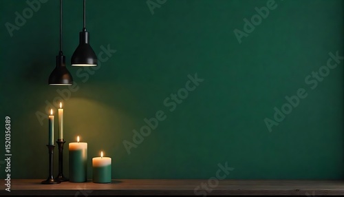 Dark Green Wall with Lit Candles and Black Pendant Lights with copy space for text in middle,  created with generative ai