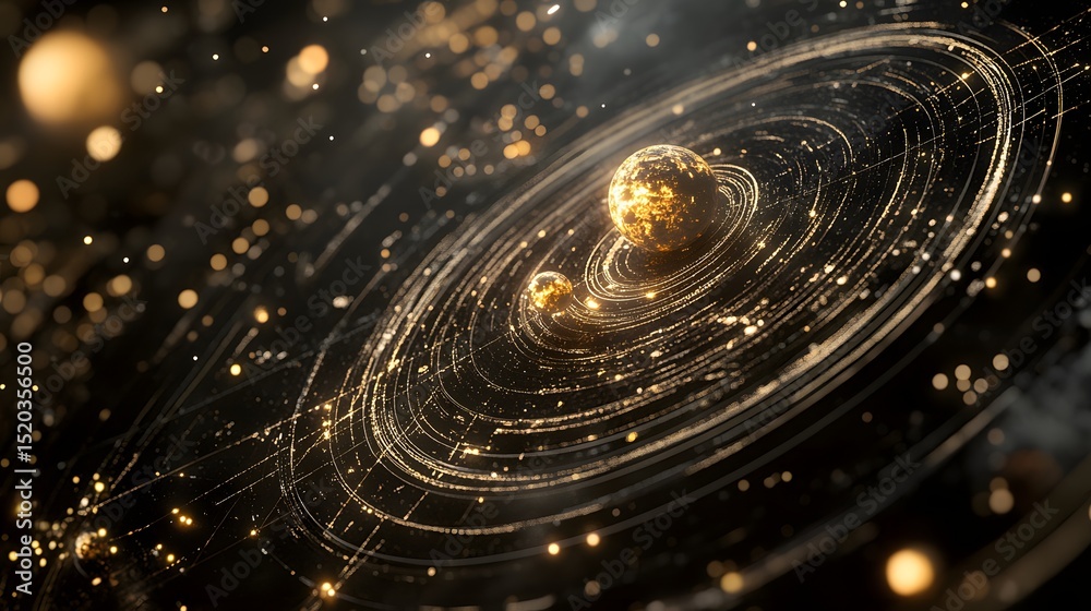 Enchanted space atlas with orbits drawn in luminous ink