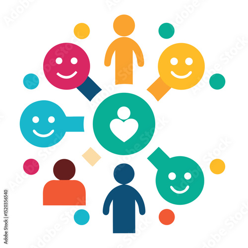 Colorful illustration depicting community connection support and inclusion symbols