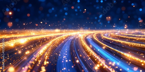 An abstract representation of light trails and glowing particles, creating a mesmerizing wave of colors against a dark background, perfect for digital and futuristic themes.