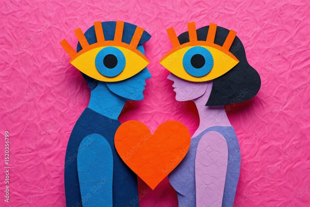 Fototapeta premium Abstract colorful paper cutout of a blue man and purple woman facing each other with large yellow eyes and an orange heart between them on a pink textured background