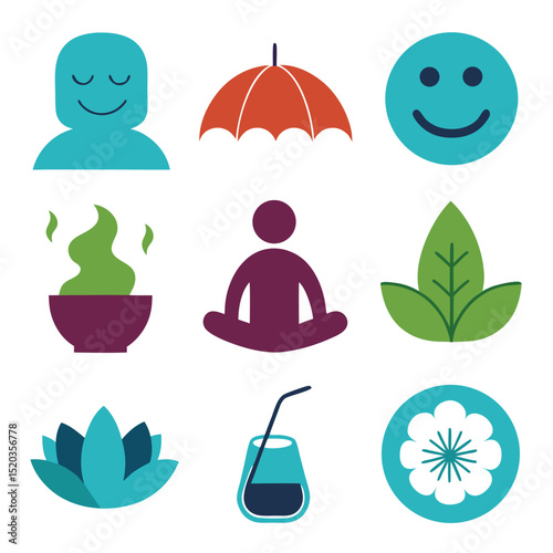 Colorful illustration of wellness icons representing peace relaxation and well being