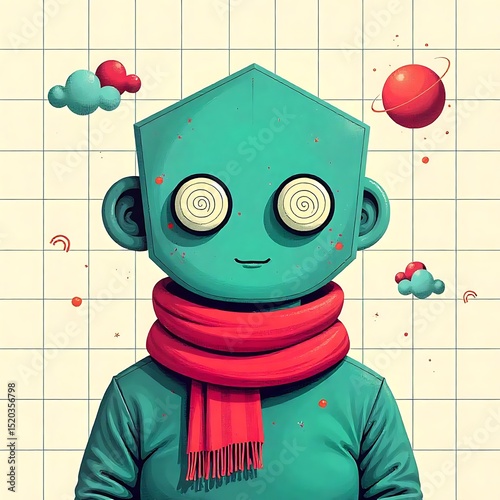 An abstract character with a [hexagonal teal head], [eyes replaced by spirals], wearing a [scarlet velvet scarf], created with generative ai