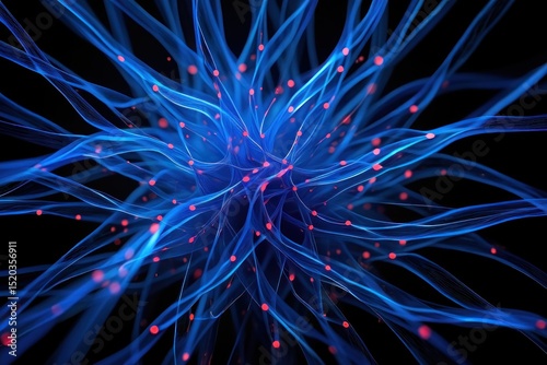 Abstract complex blue and translucent intertwining fibers with glowing red dots on a dark background, evoking a sense of intricate connectivity and dynamic energy.