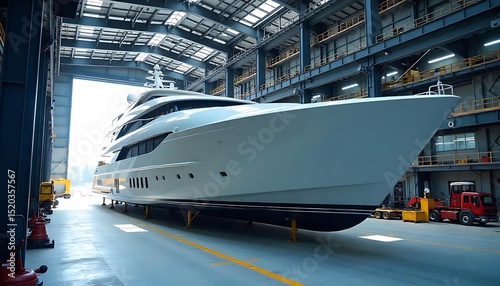 Modern luxury yacht under construction in shipyard. Bright lighting, clean floor show construction process. Naval architecture, industrial manufacturing process. Building, created with generative ai