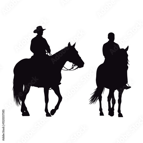 Cowboy and Horse Silhouettes Isolated on White.
