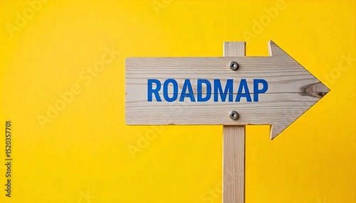 Wooden signpost with ROADMAP inscription. Blue text on weathered wood arrow points right against yellow background. Concept direction choice. Navigation path. Planning, created with generative ai