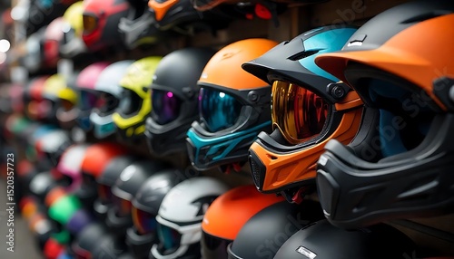 Ski and snowboard helmets displayed in a sports equipment store with various styles and colors, created with generative ai