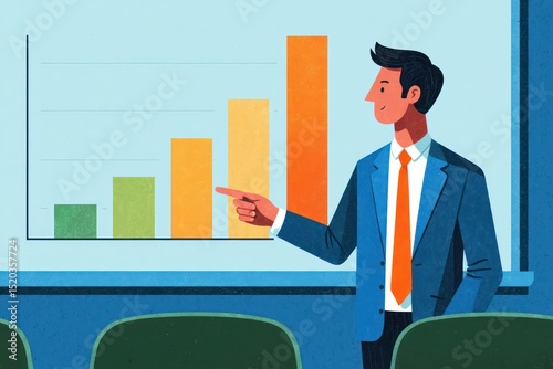 Man in business suit and tie pointing at colorful ascending bar graph during professional presentation in office