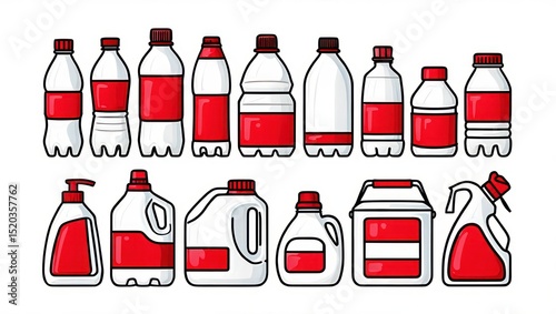 Collection of various plastic bottles and containers with red labels and caps representing different shapes and sizes arranged in two rows on a white background