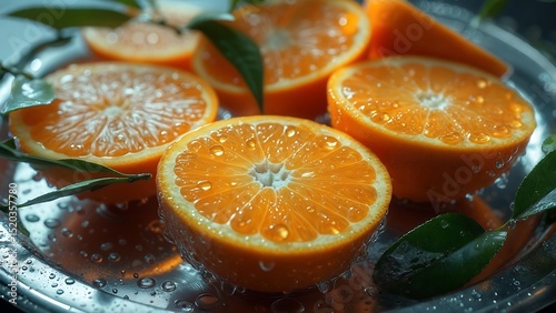 Juicy Orange Slices Glistening with Water Droplets on a Metallic Tray, Fresh Citrus Fruit Closeup