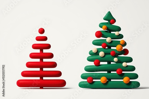 Two stylized modern Christmas trees made of stacked rounded segments with colorful spherical decorations on one tree against a plain white background