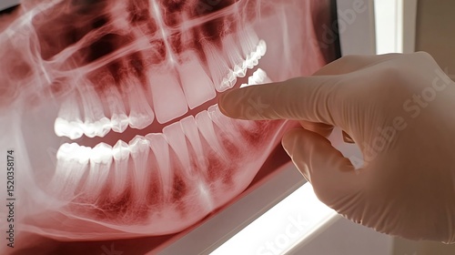 Close up of a dental X ray on a lightbox showing detailed teeth and jaw structure with a dentists gloved hand pointing to a specific area