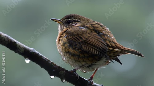 Rufous Bristlebird Perched on Wet Branch with Water Droplets in Misty Forest