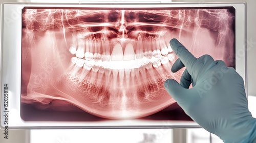 Close up of a dental X ray on a lightbox showing detailed teeth and jaw structure with a dentists gloved hand pointing to a specific area