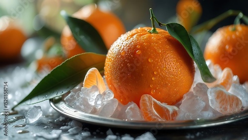 Juicy Mandarin Oranges on Ice Refreshing Citrus Fruits Still Life Photography