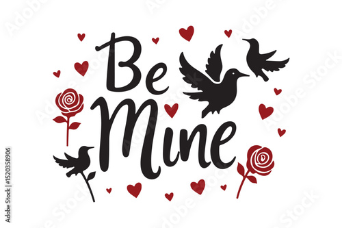Be Mine Valentine’s Day Design with Birds, Roses, and Hearts Clipart
