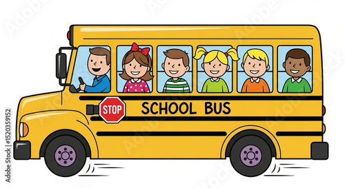 Cartoon school bus full with smiling children isolated on white.