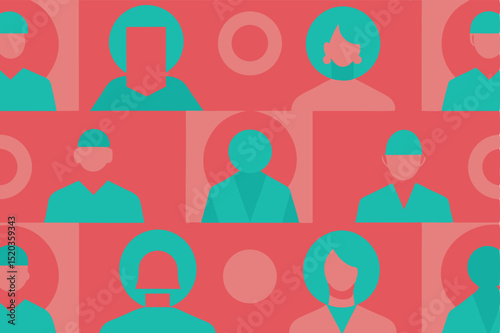 Geometric people silhouettes illustration repeating pattern in coral and teal tones