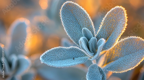 Wyoming sagebrush detailed macro revealing delicate silver-blue leaf texture with protective hairs illuminated by golden sunset light against softly blurred warm bokeh background