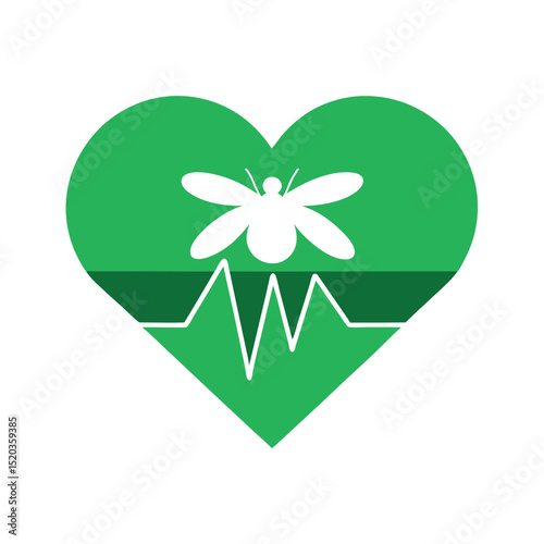 Green heart with insect and ekg line symbolizing health and well being
