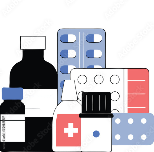 Healthcare and medicine concept illustrated with transparent assortment of pills and bottles