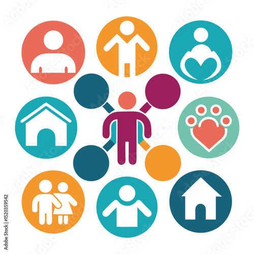 Human connection and community illustration of family home and pets in vibrant colors.