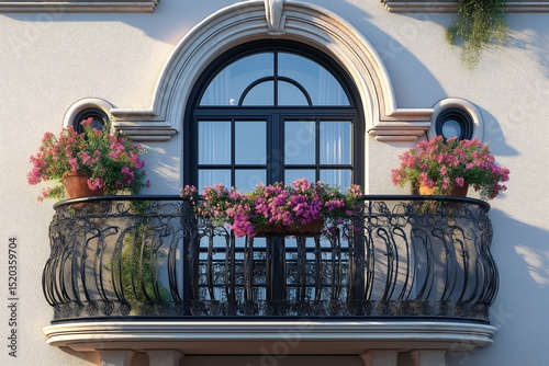 Elegant Balcony Design with Colorful Flowers and Ornate Wrought Iron Railings in an Urban Landscape