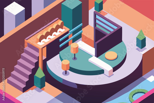 Isometric architectural illustration depicting stylized modern buildings and urban landscape elements