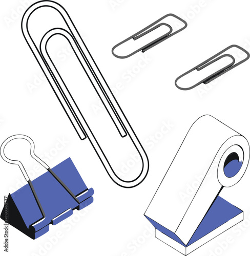 Isometric illustration of paper clips binder clip and stapler isolated on white