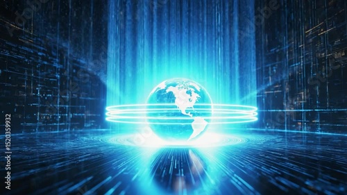 Digital globe of earth surrounded by data and light beams illustrating connectivity