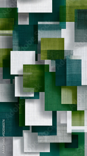 Abstract green and white geometric pattern featuring layered squares on a textured background
