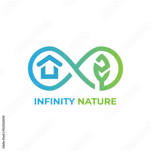 Infinity nature logo, home and leaves symbol. Ecology, environment, and agriculture illustration.