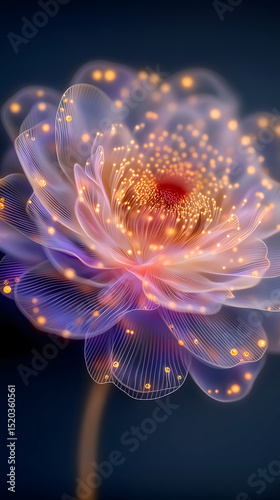 Delicate flower glowing with soft lights in a dark background creating a mesmerizing visual effect