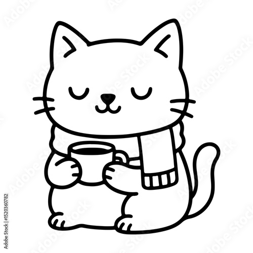 Cute cat wearing a cozy scarf and sipping a cup of coffee Simple Minimalist Design File for Laser Cutting