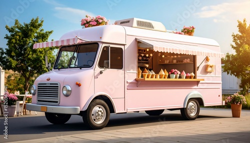 Charming Pink Ice Cream Truck Parked Outdoors on Sunny Day
