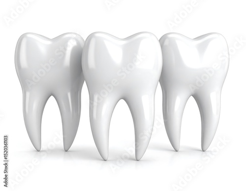 Three glossy white teeth on white background