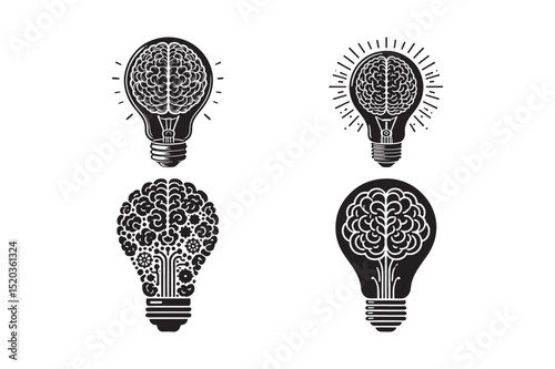 Brain Bulb Vector Set Creative Intelligence Idea Icon Silhouettes