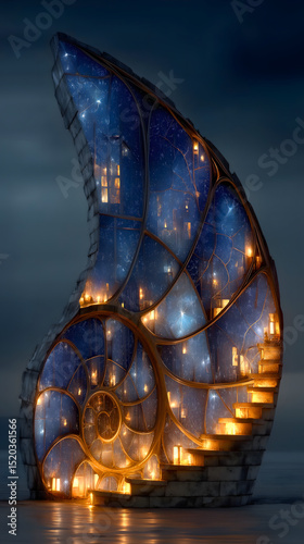 Cascading spiral shell structure illuminated by soft lights against a twilight sky near the ocean