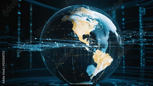 Digital globe with illuminated continents and connected data streams depicting global network