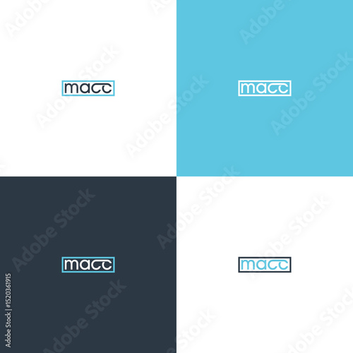 Four logo color variants of macc in a rounded rectangle on white blue and dark backgrounds