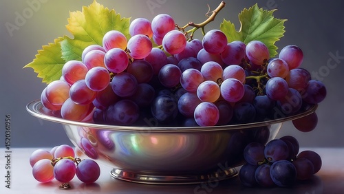 Juicy Red Grapes in a Silver Bowl Fresh Fruit Still Life Photography